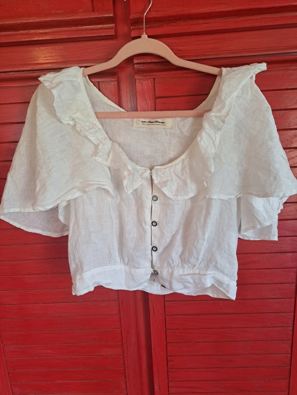 We The Free White Linen S crop Button Front Ruffled Blouse